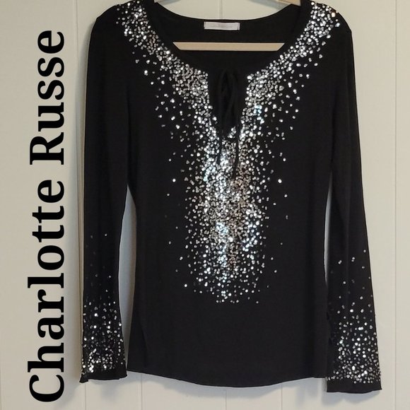 Charlotte Russe Tops - ❣️HP❣️Charlotte Russe black sequin top bell sleeves ties in front sz: M NWOT